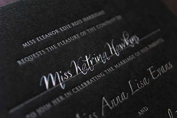 Silver calligraphy on black wedding invitations