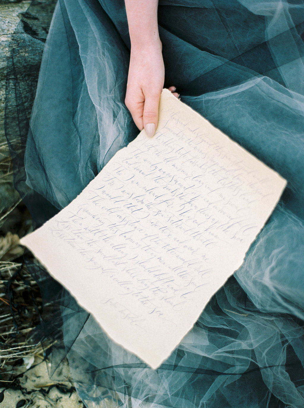 a slender hand holds a torn edge love letter against layers of tulle in black and white