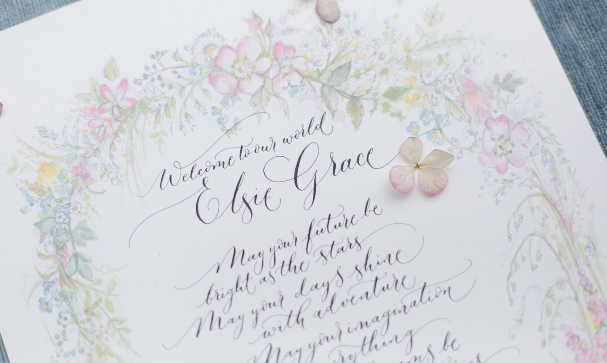 welcome to our world baby certificate in calligraphy, with floral border in pastel colours and hand calligraphy in the centre