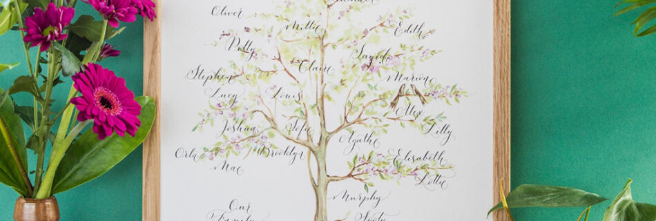 Family tree print against a bright wall backdrop with flowers