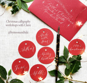 Christmas gift tags on red circles with white calligraphy, from By Moon & Tide