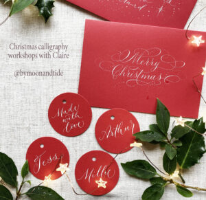 Simple Merry Christmas envelope in beautiful calligraphy. Made in Cumbria at By Moon & Tide