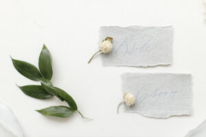 Delicate modern calligraphy in a fine art style for simple pale grey place names. There are flower buds on each card, and a sprig of foliage to one side