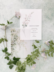 Botanical wedding invitation and vellum wrap from By Moon & Tide