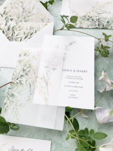 Botanical wedding invite close up with envelope liner from By Moon & Tide