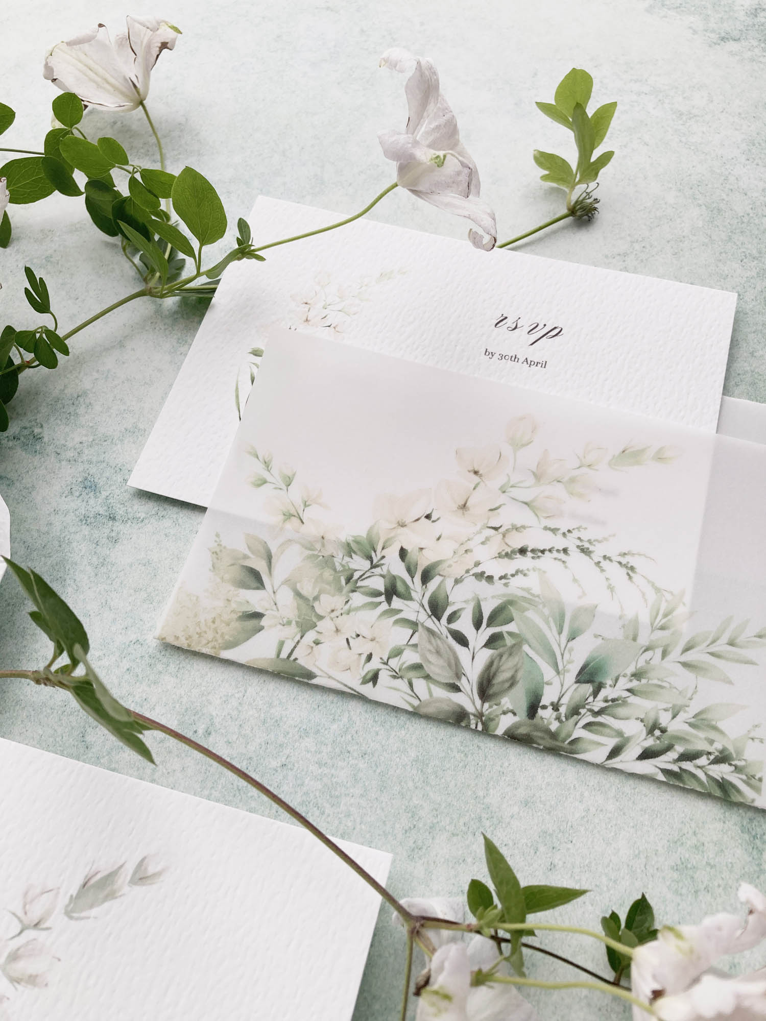Botanical wedding stationery with vellum from By Moon & Tide