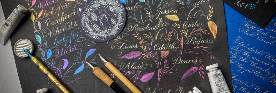 modern calligraphy examples with flourishing and supplies