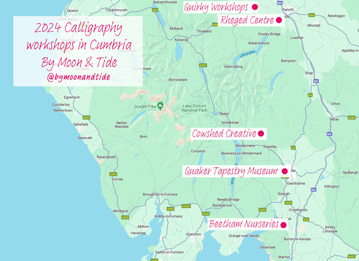 Map of calligraphy workshop locations in cumbria showing Cowshed Creative, Quirky Workshops, Rheged Centre, Beetham Nurseries and Quaker Tapestry