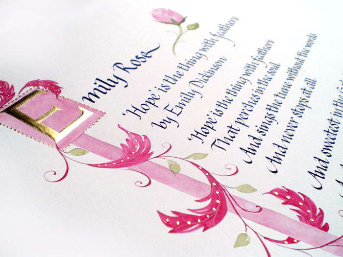 Italic calligraphy style with modern pink scroll work and 23 carat gold leaf letter