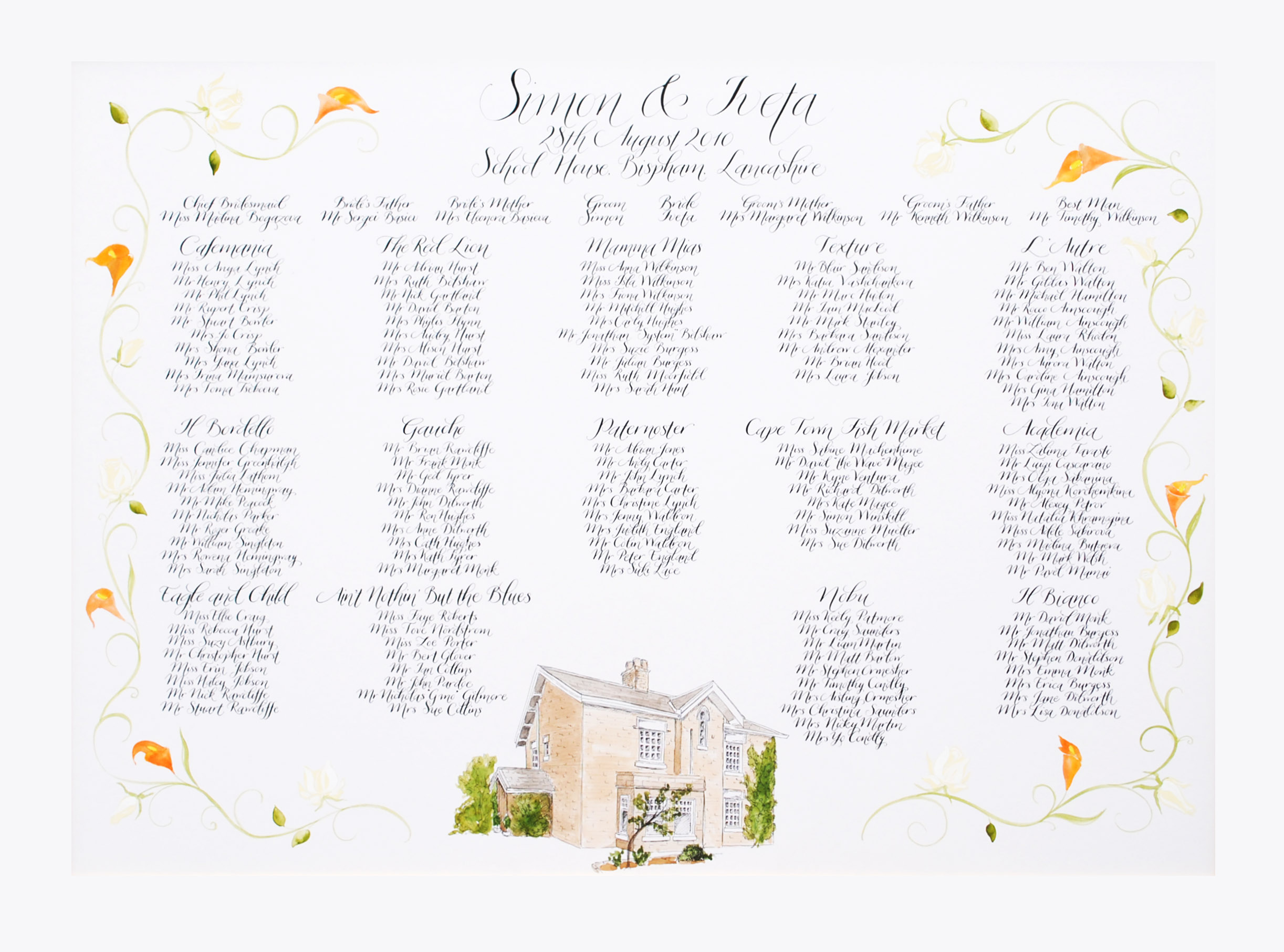 Wedding table plan in a modern calligraphy style with venue illustration and calla lily floral border