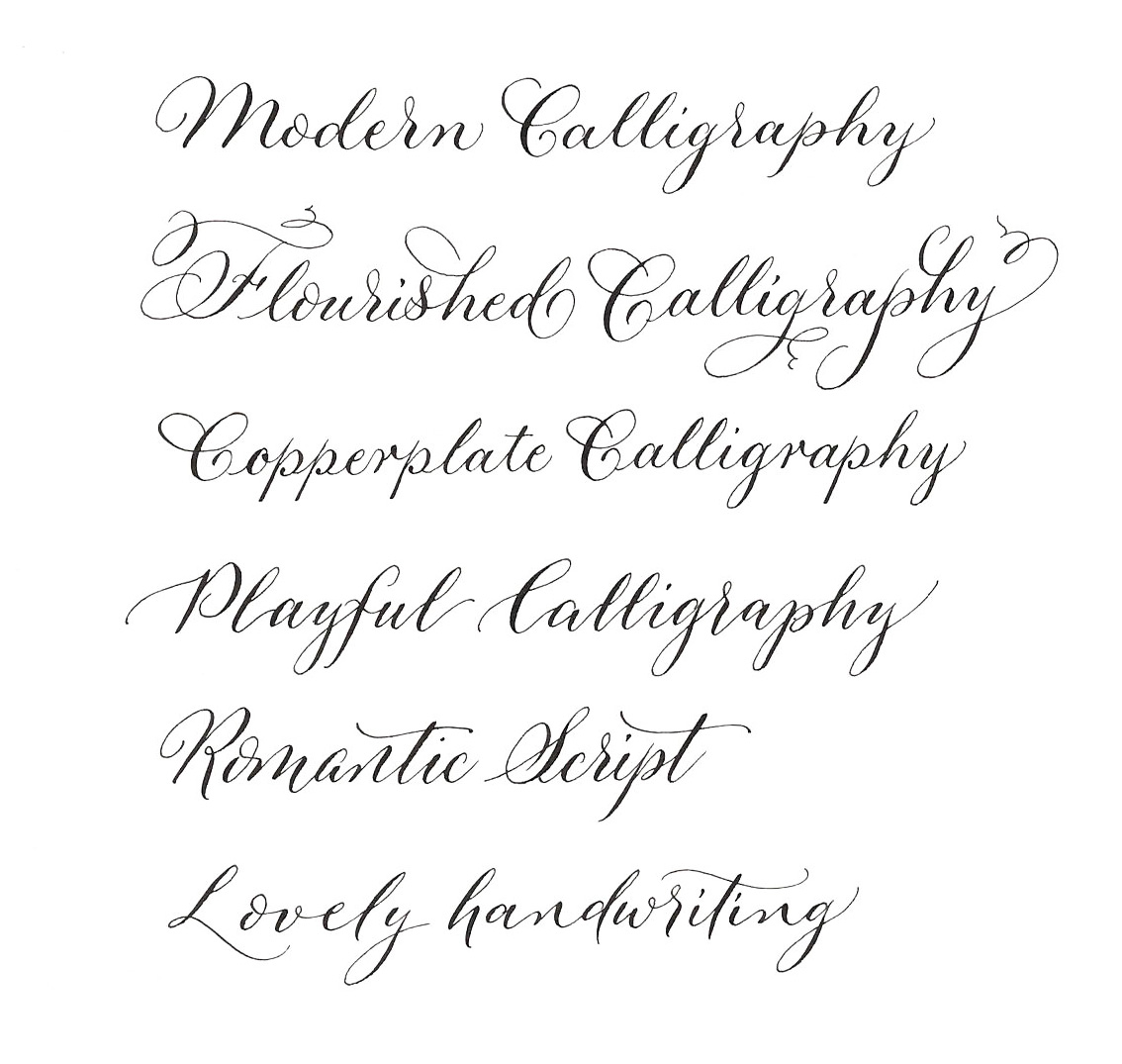 six different calligraphy styles handwritten by Claire at By Moon & Tide