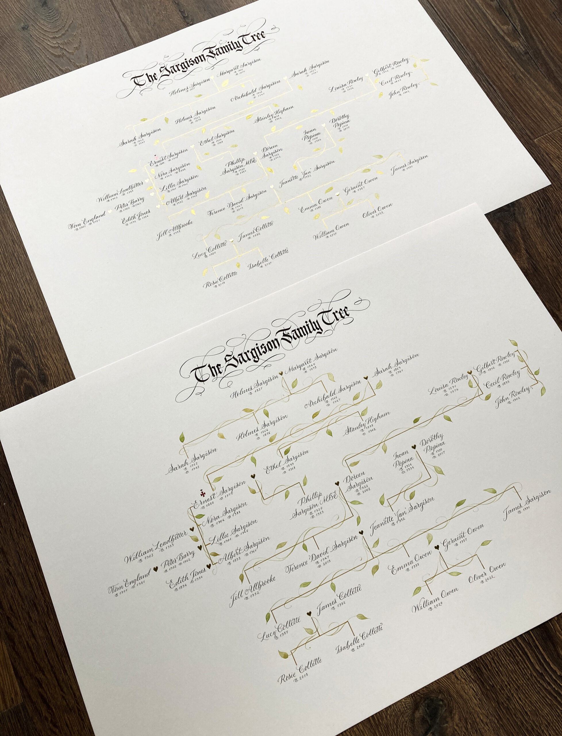 Pair of matching family trees in calligraphy unframed