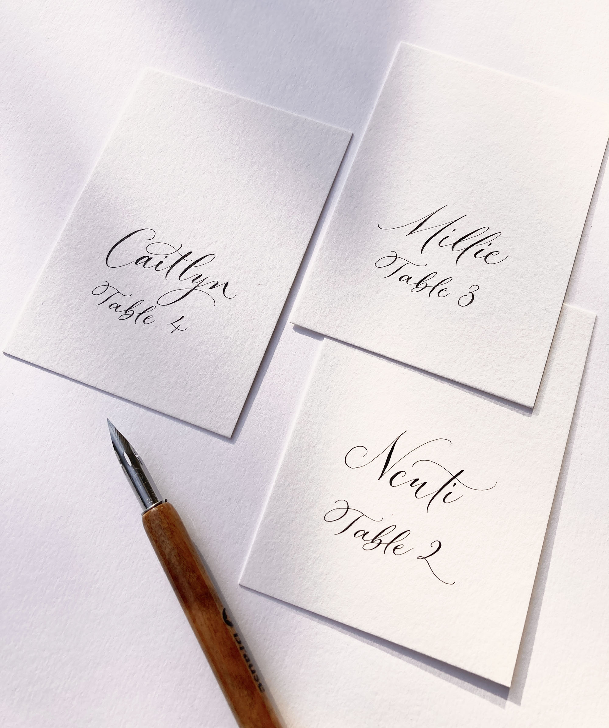 luxury wedding place cards with calligraphy and table names