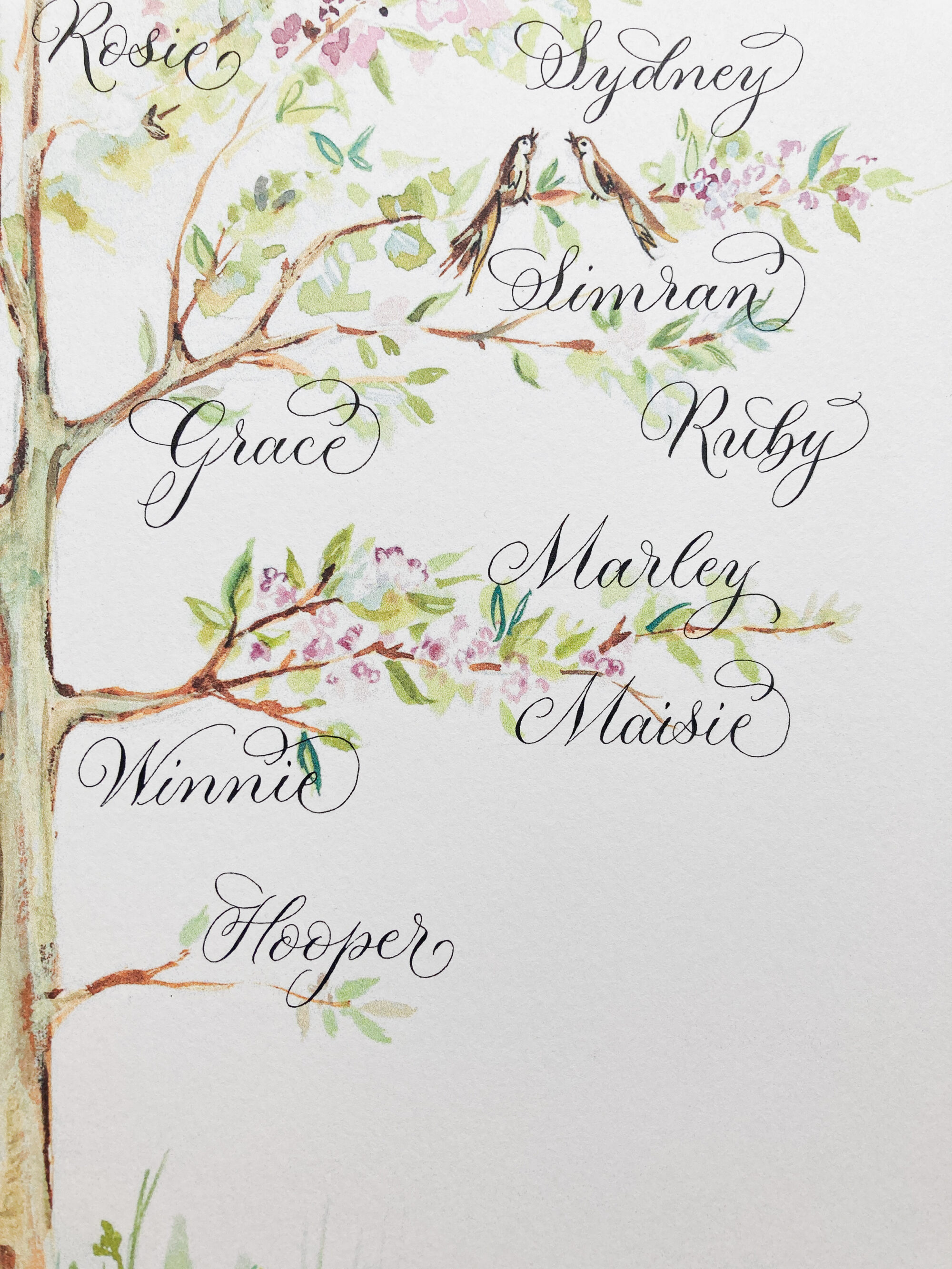 Close up of a personalised family tree with names in calligraphy