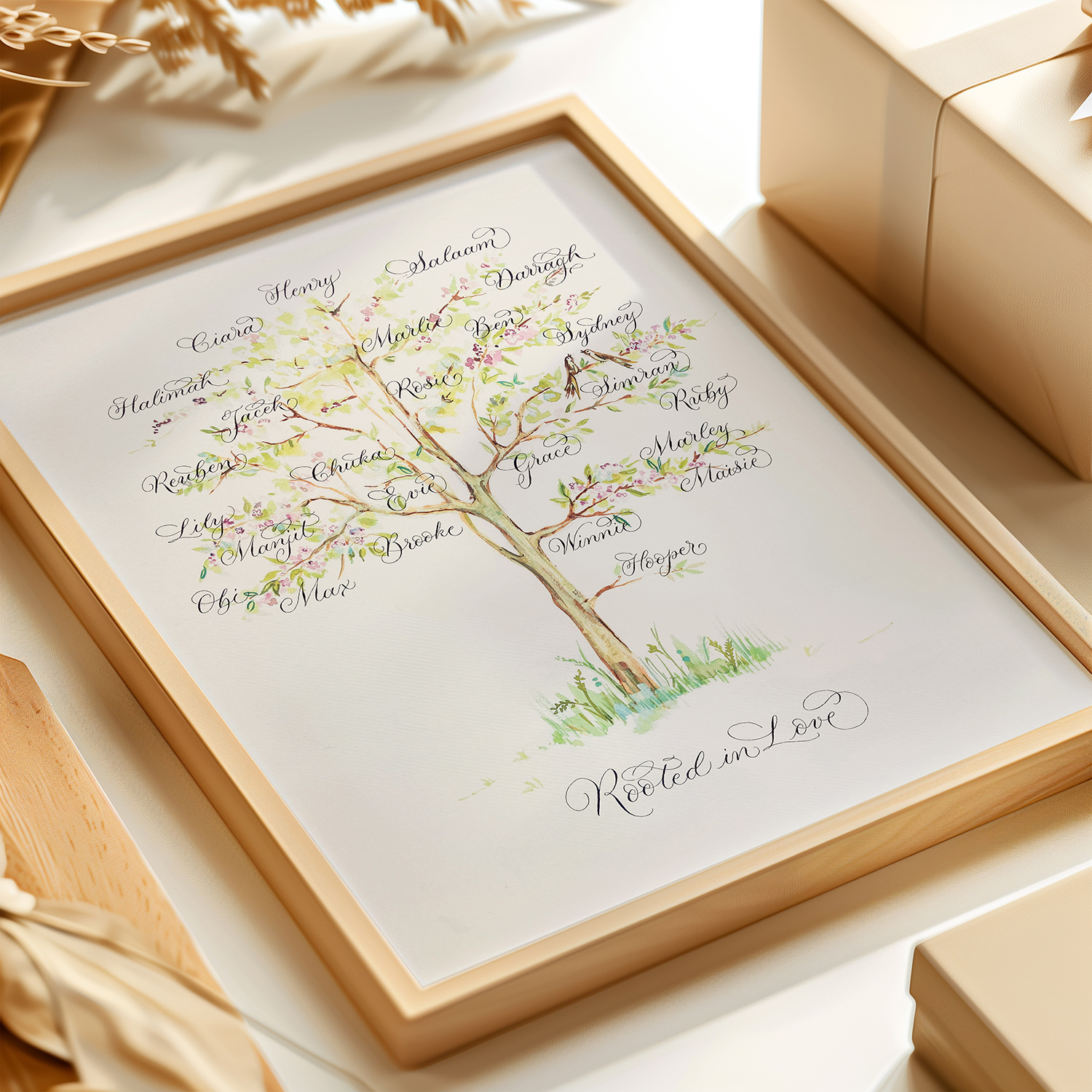 family tree in a natural oak frame personalised with 22 names and a bespoke title