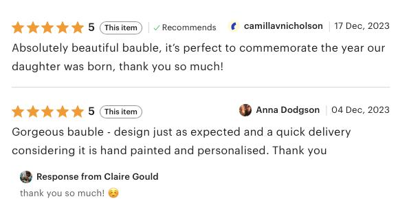 Five star calligraphy bauble reviews from Etsy