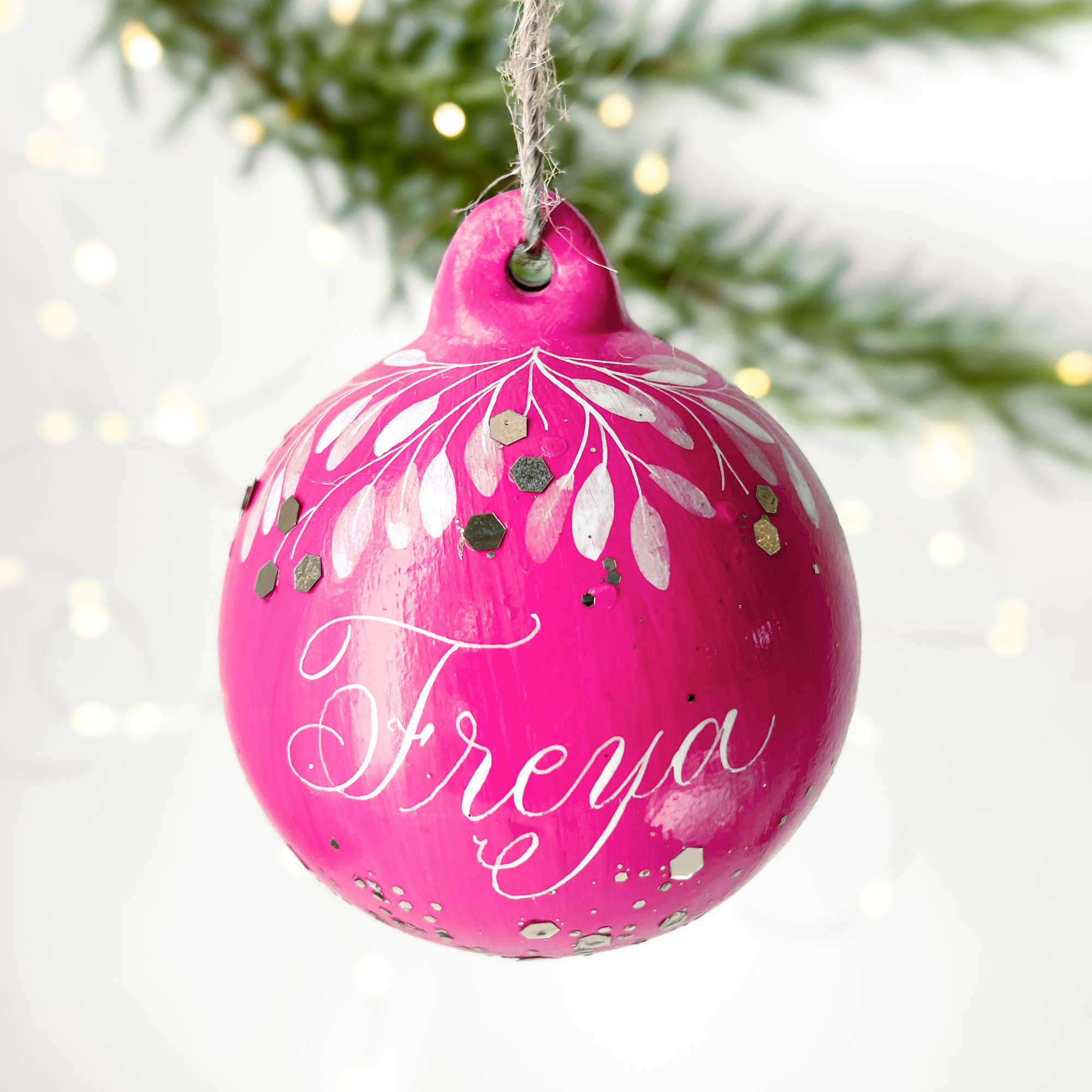 personalised bauble with calligraphy name handmade in the UK