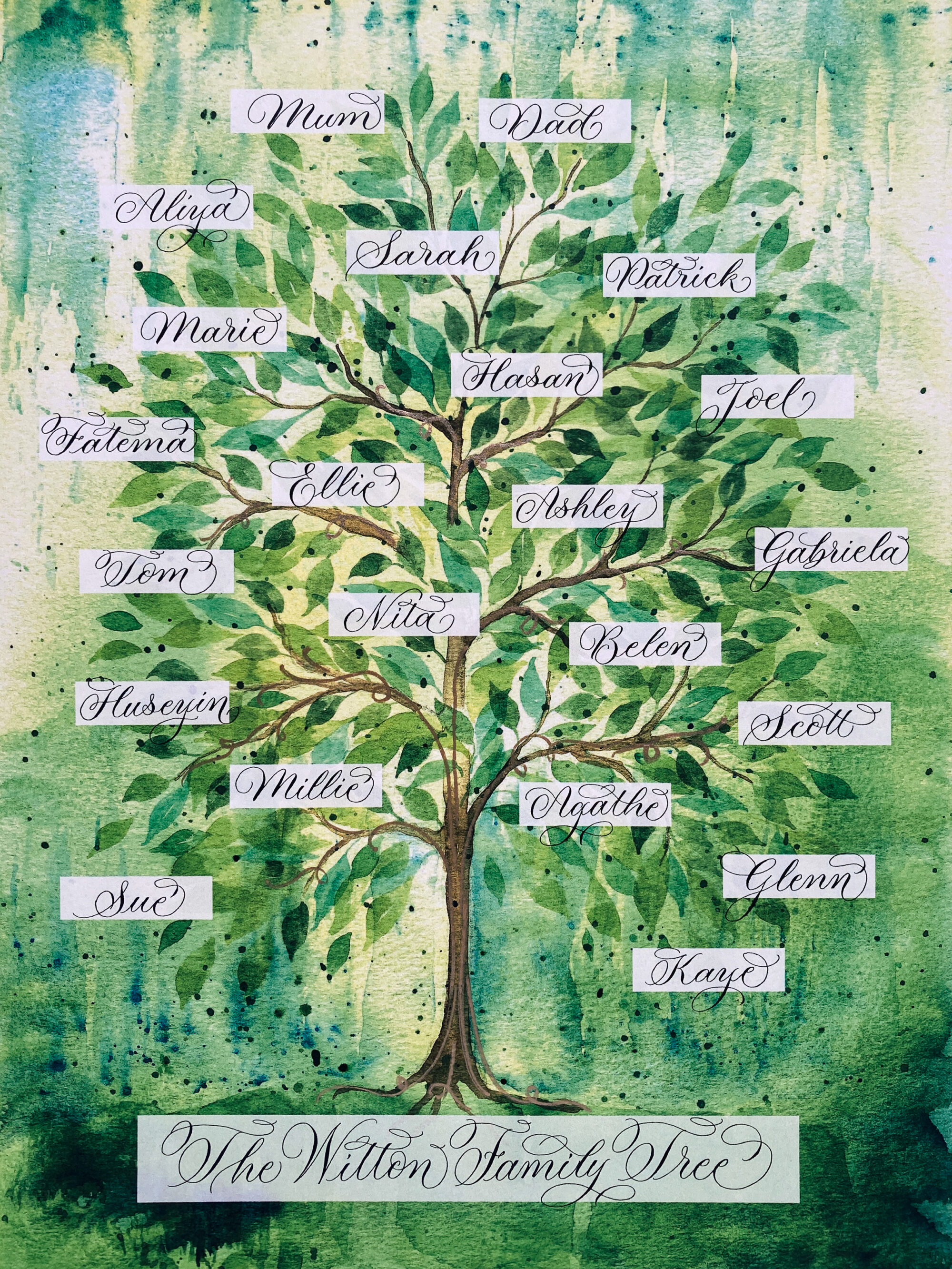 Vibrant green family tree art print personalised in calligraphy
