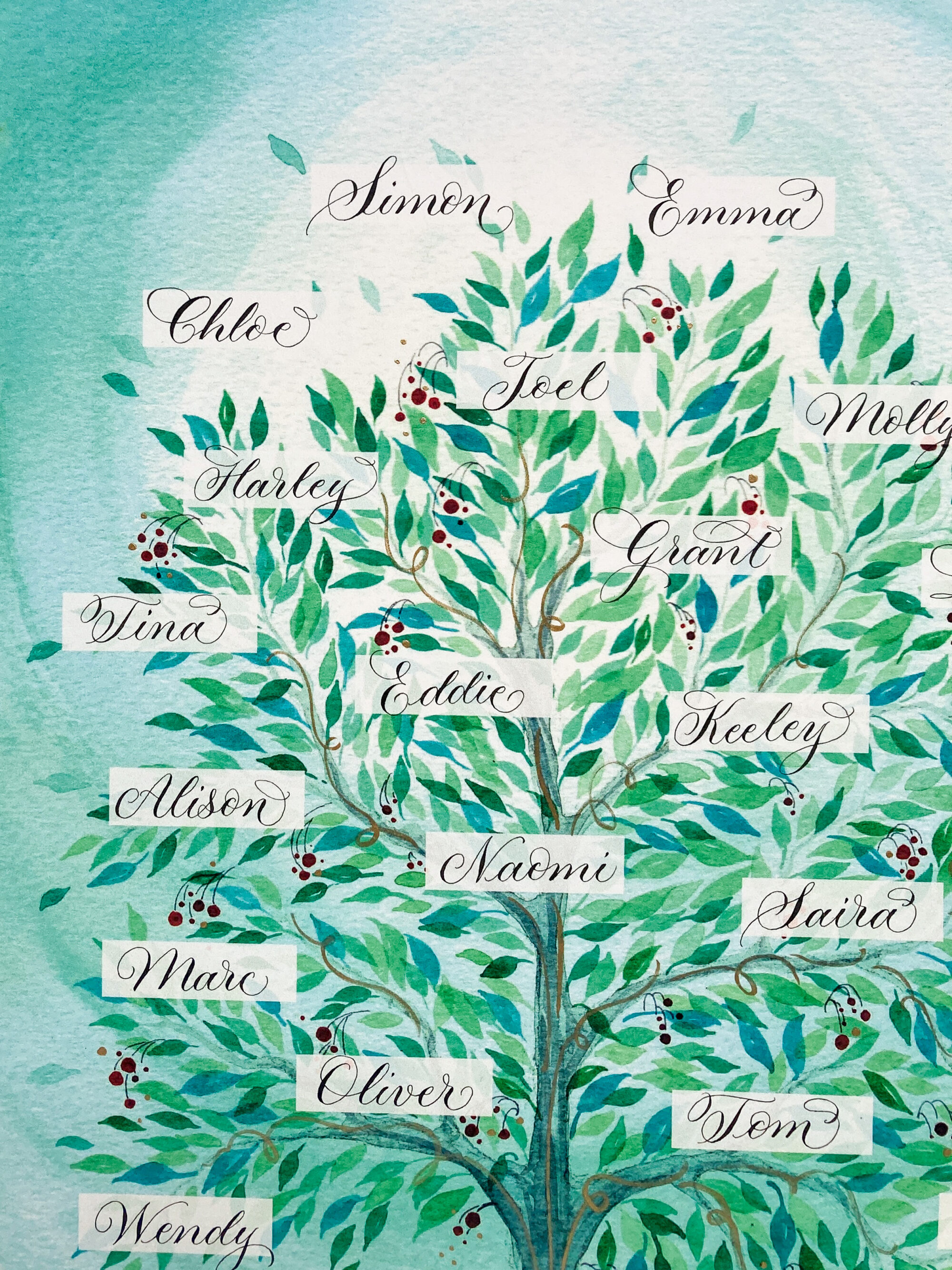Green family tree artwork with names in calligraphy