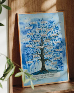 Family tree art print personalised in modern calligraphy UK