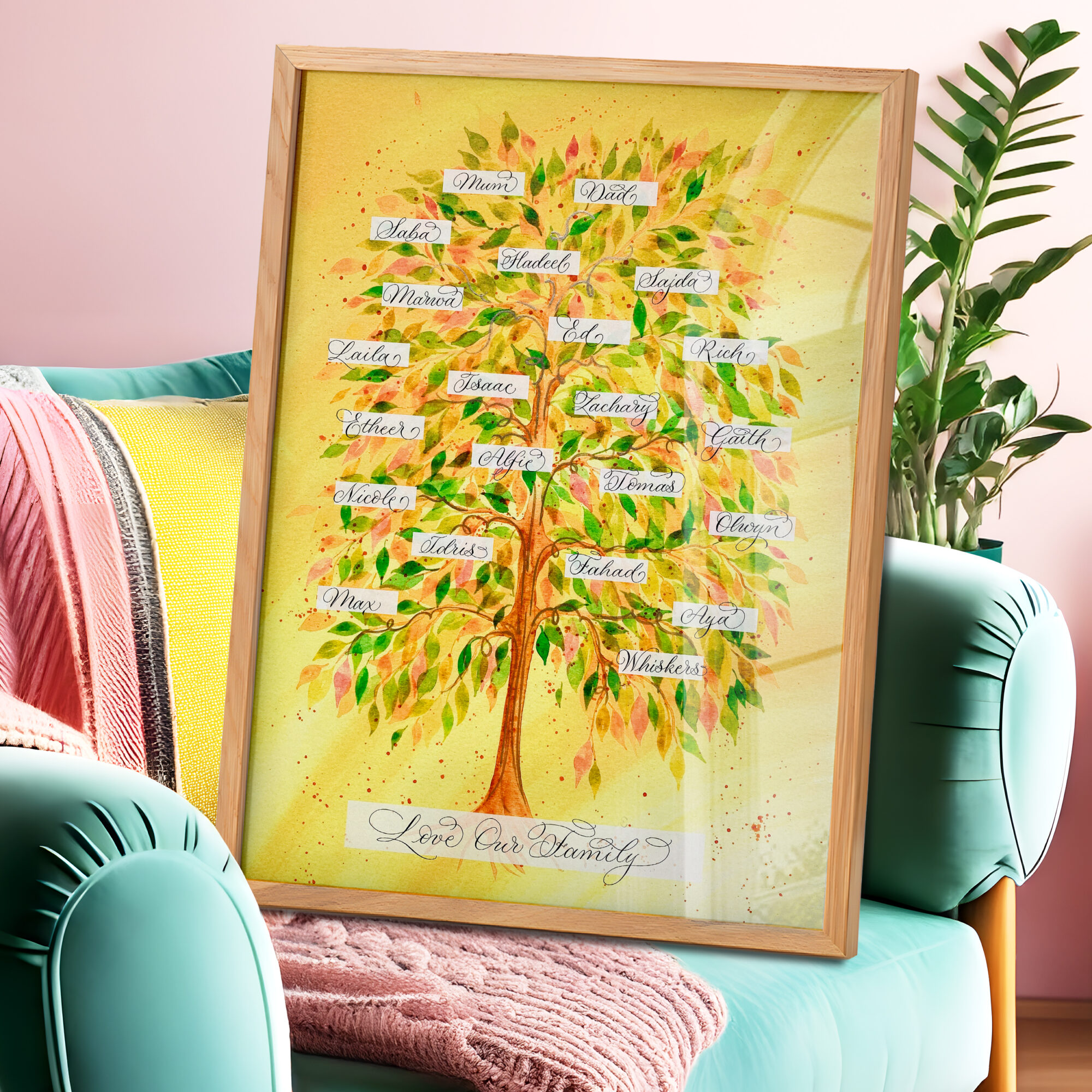 Personalised family tree print with golden yellow background