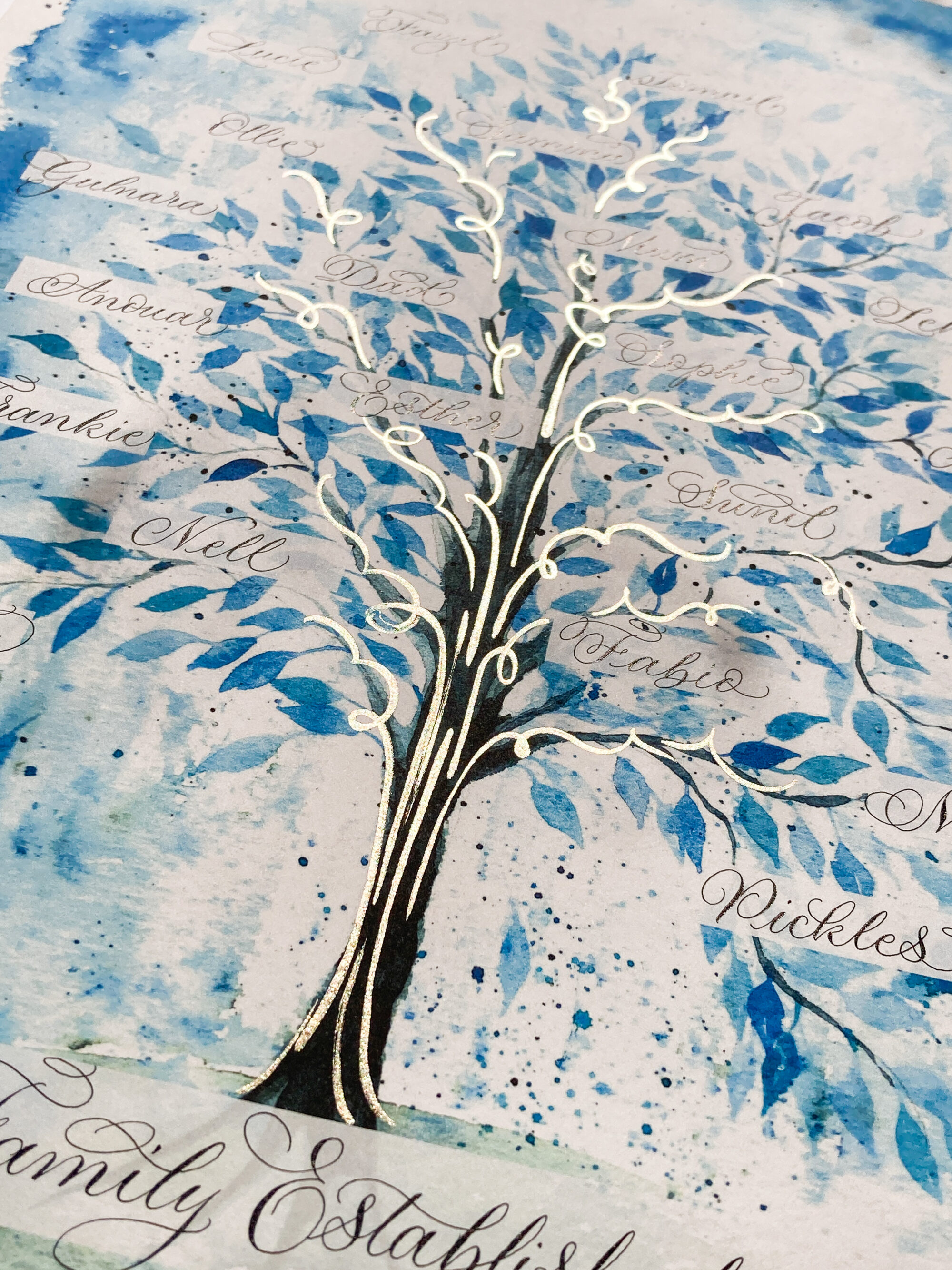 Winter blue personalised family tree close up