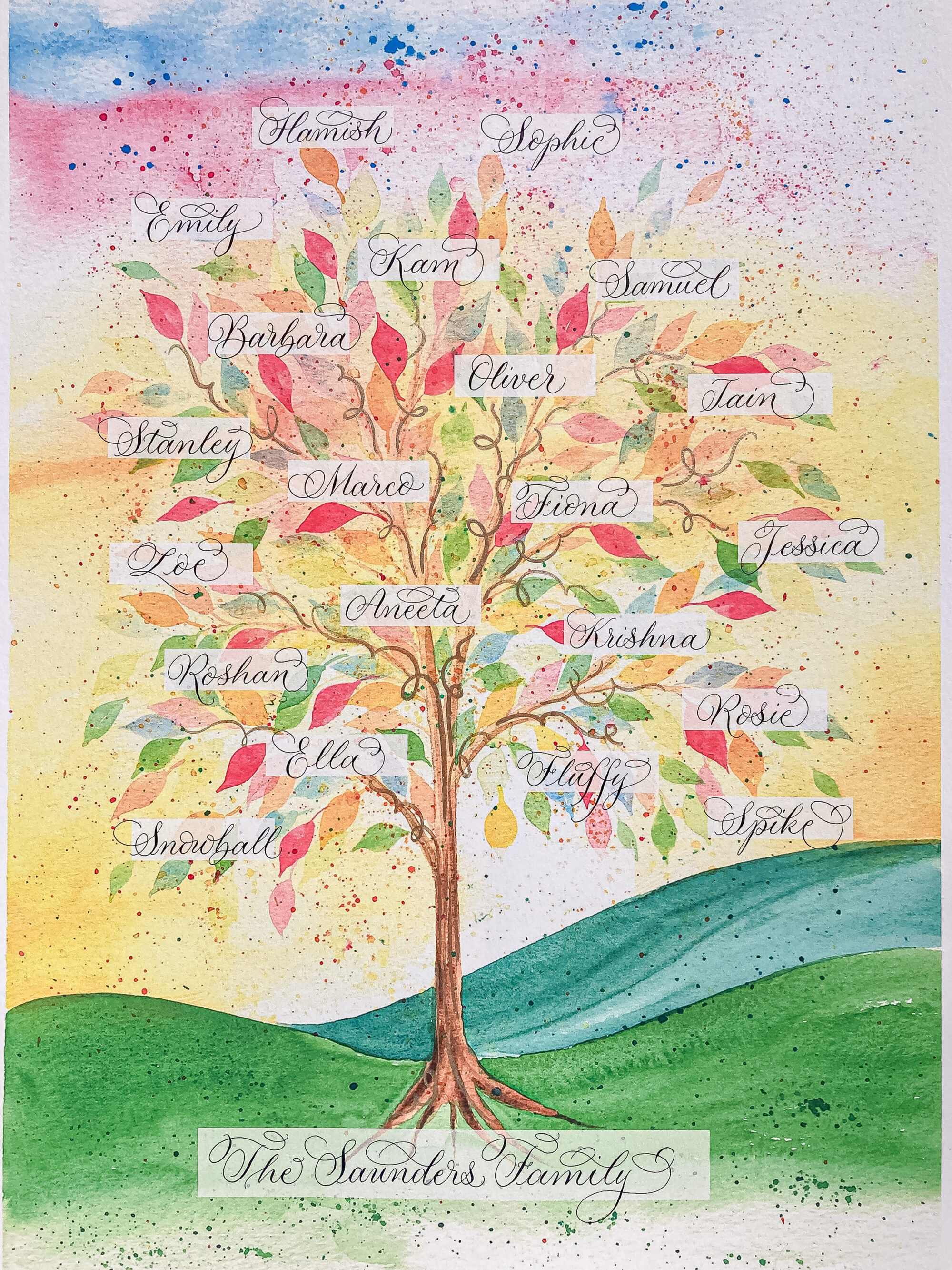 Rainbow colour family tree print personalised in hand calligraphy