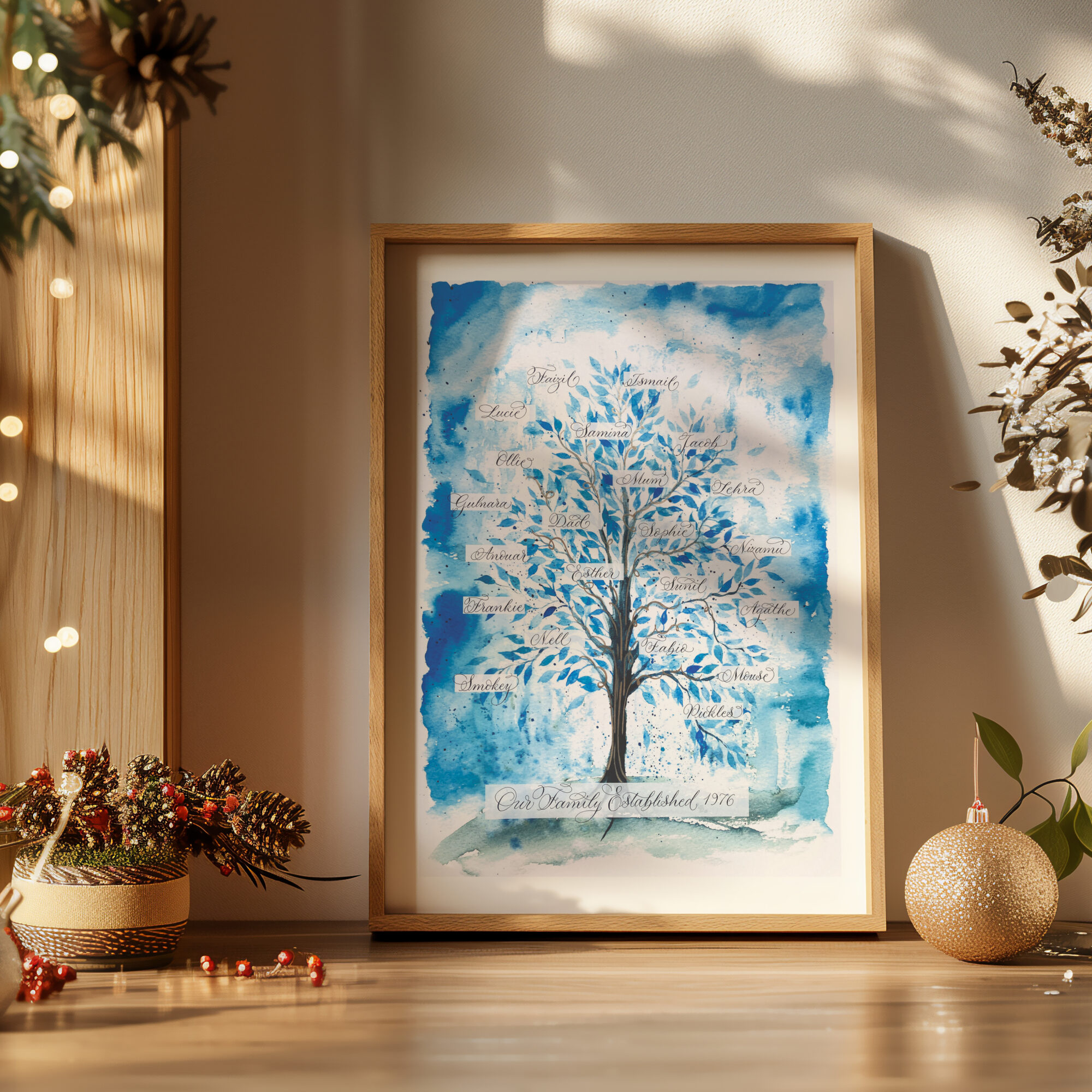 Pretty blue personalised family tree gift
