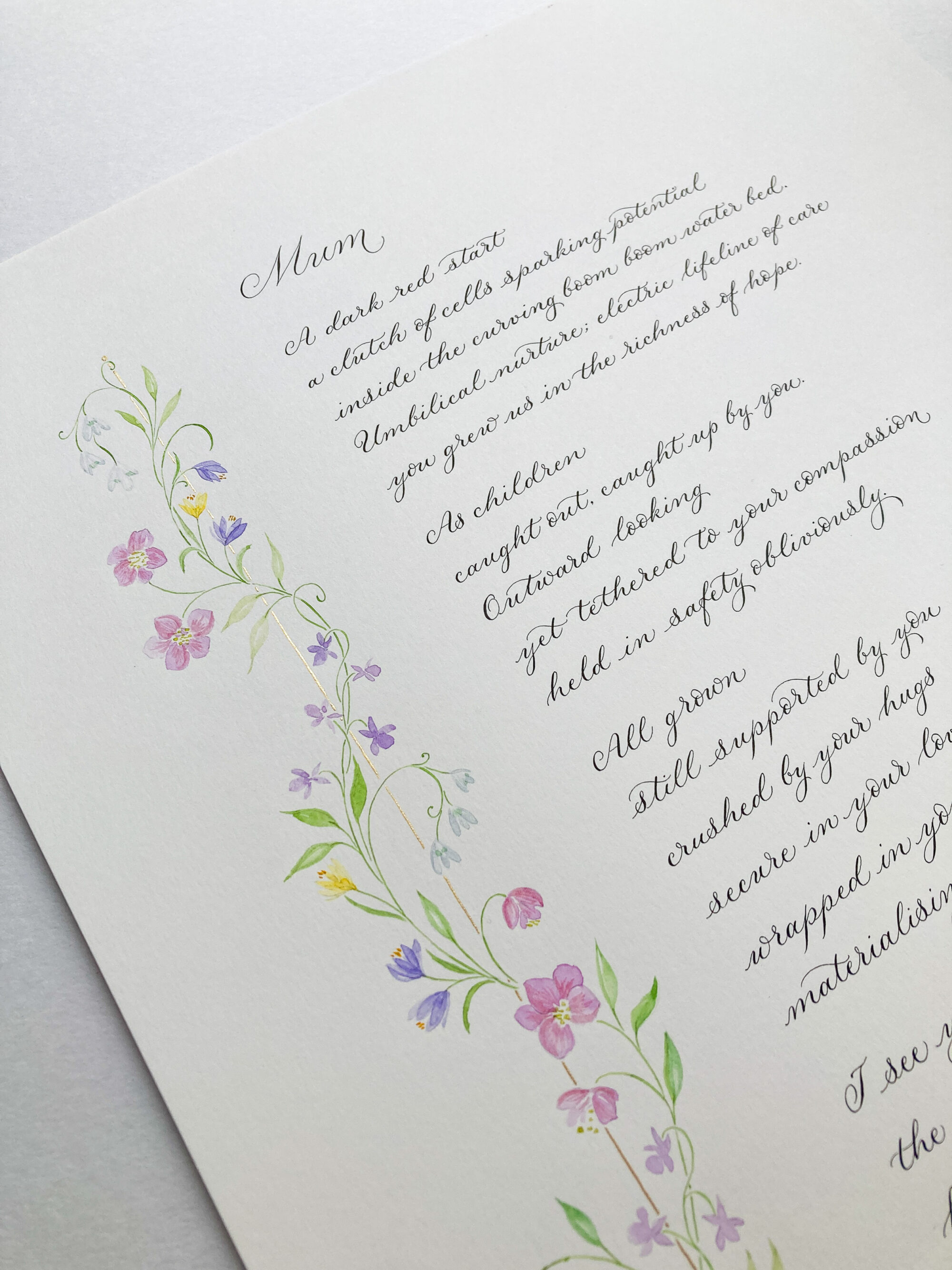 Simple modern calligraphy poem with elegant flower border handwritten UK