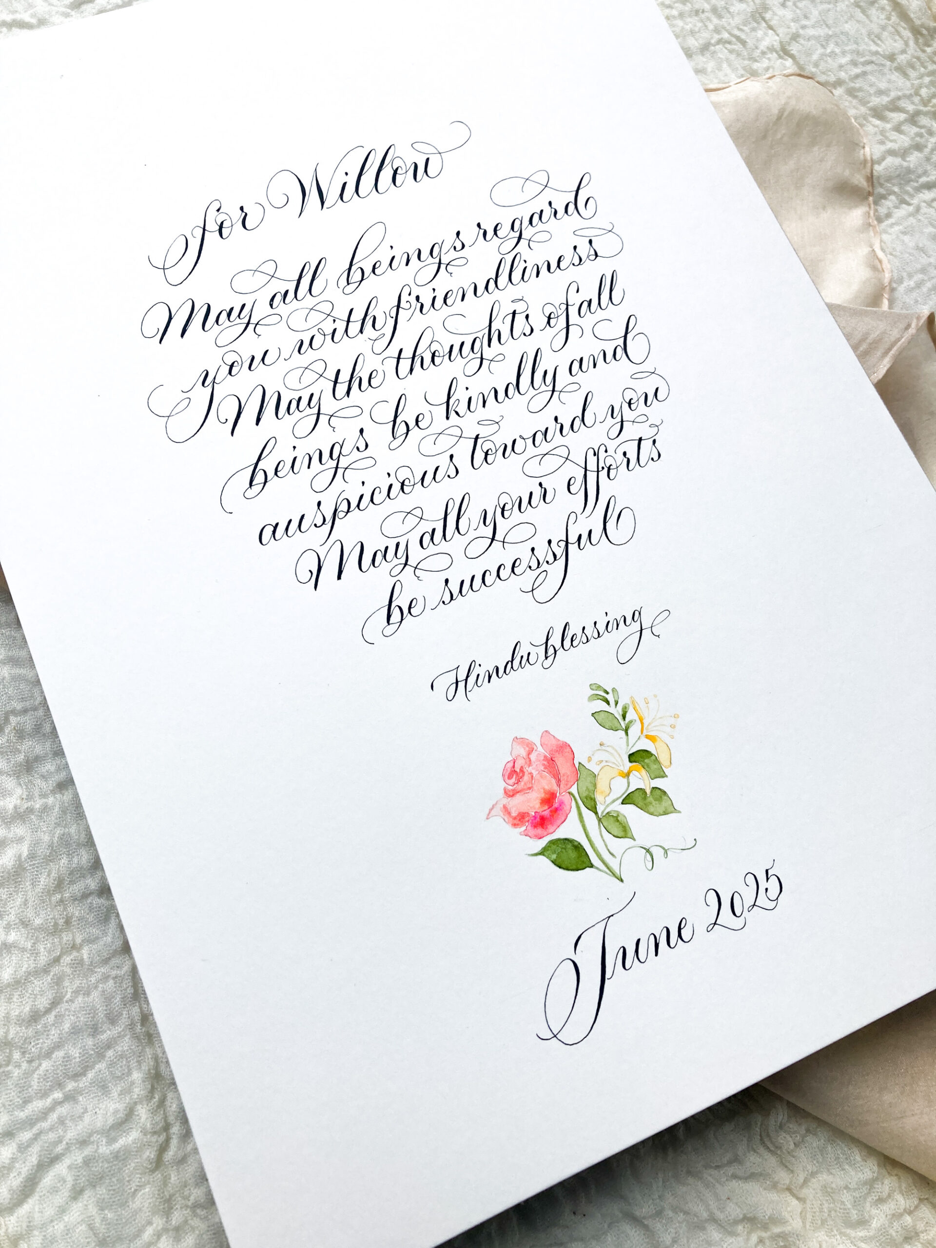 Calligraphy poem commission for a Christening with a rose illustration