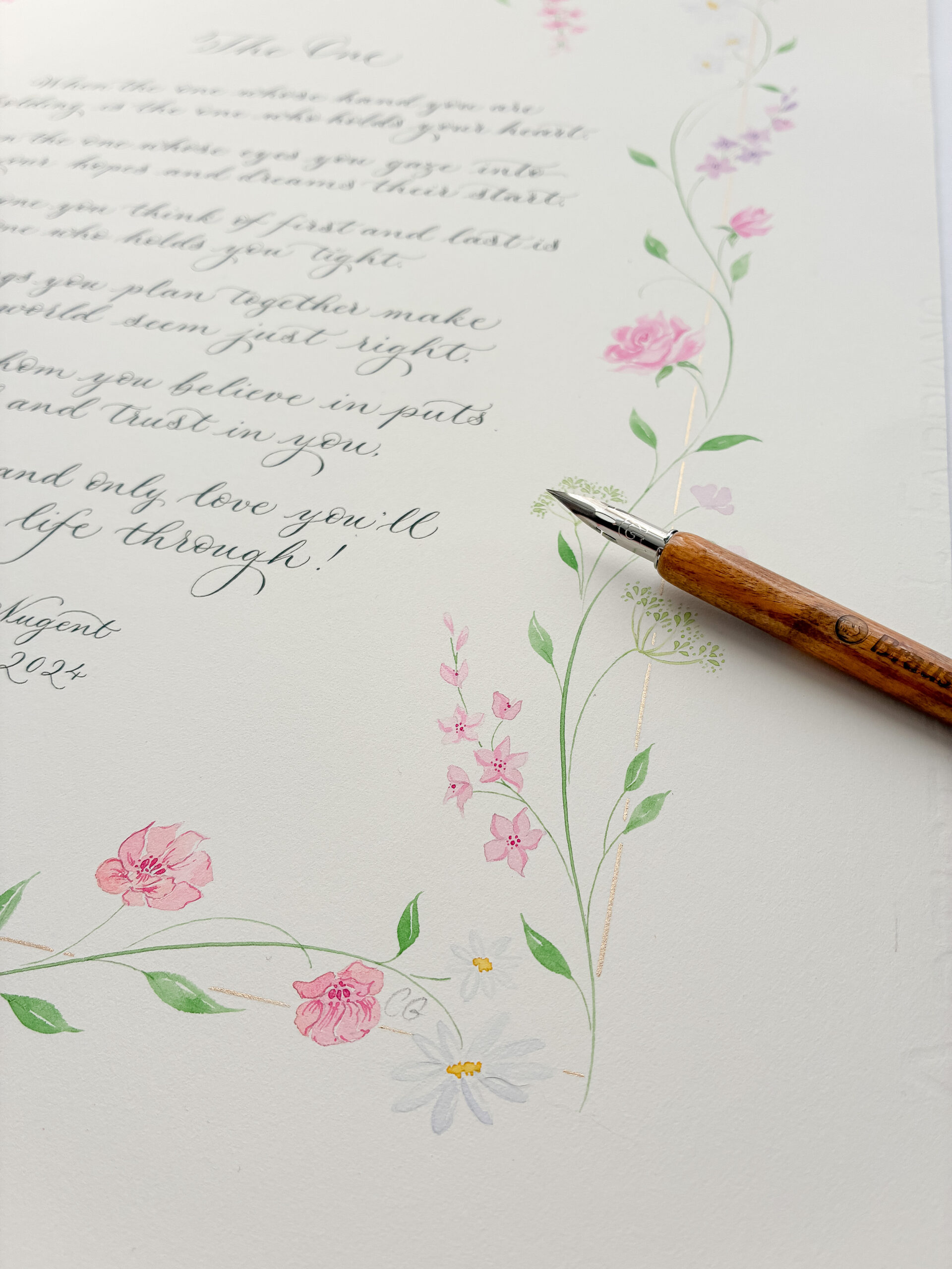 Corner illustration on a calligraphy poem with daisies, loose delphiniums, lisianthus and leaves