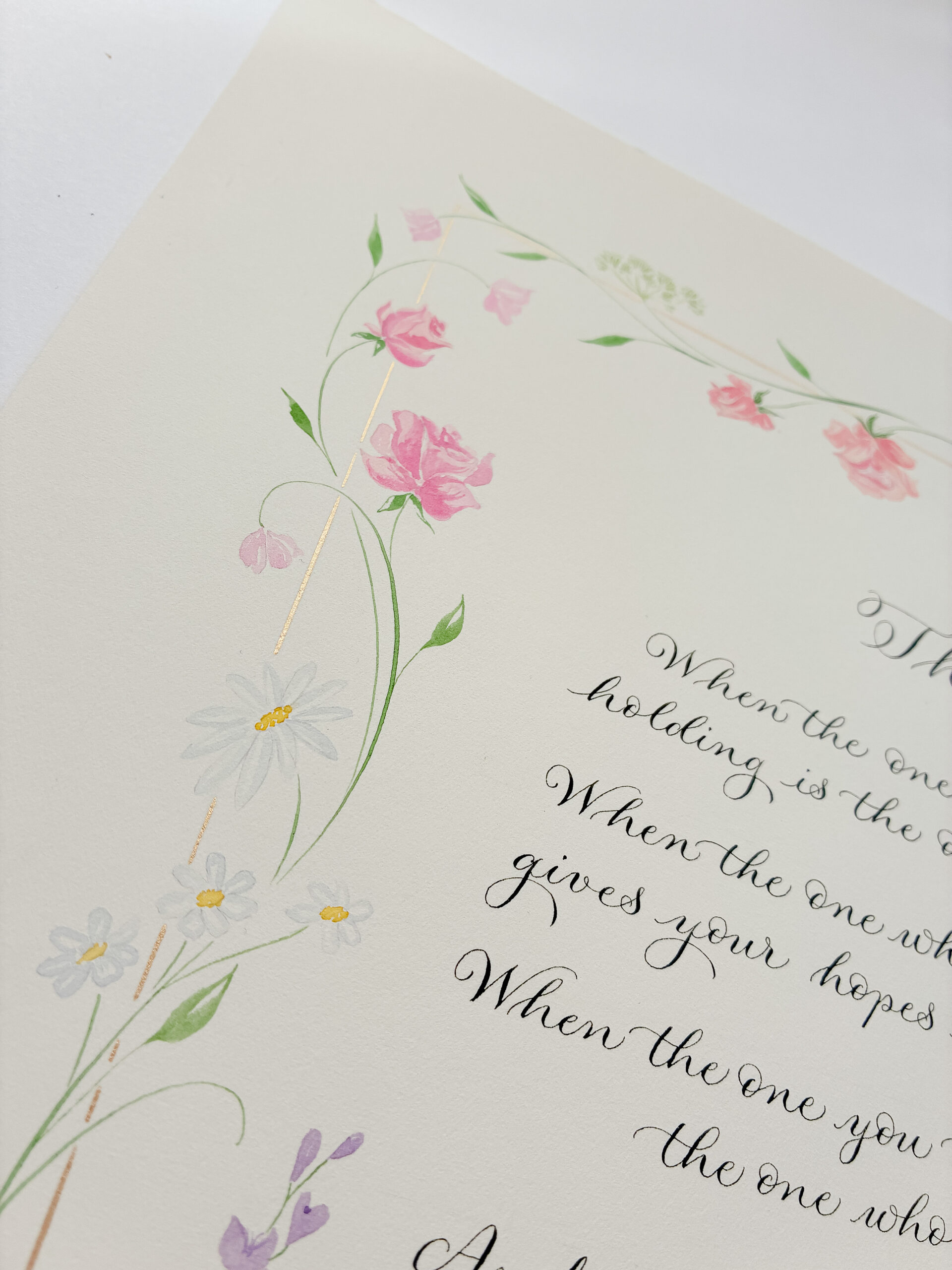 Top corner detail of a modern calligraphy artwork with pink summer flowers, sweet peas, daisies and leaf illustration along a gold border