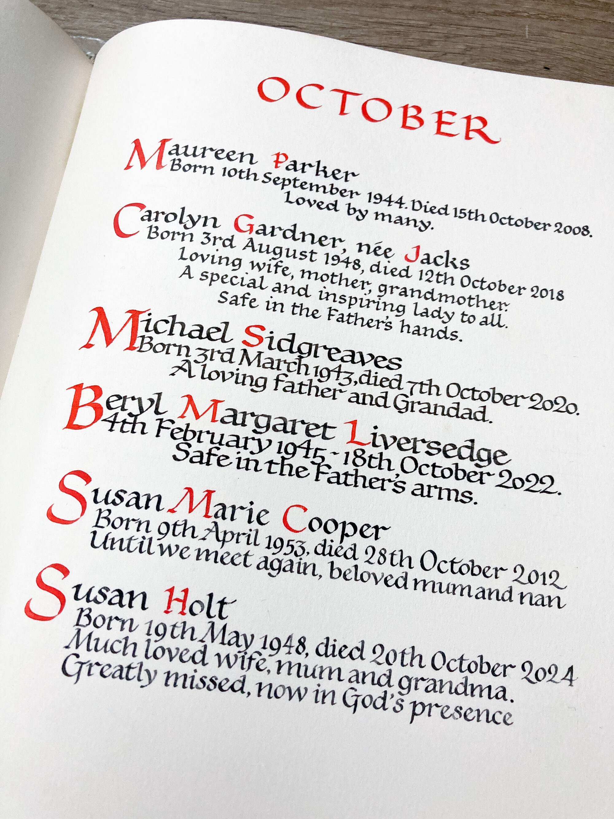 Entries from a book of remembrance in hand calligraphy