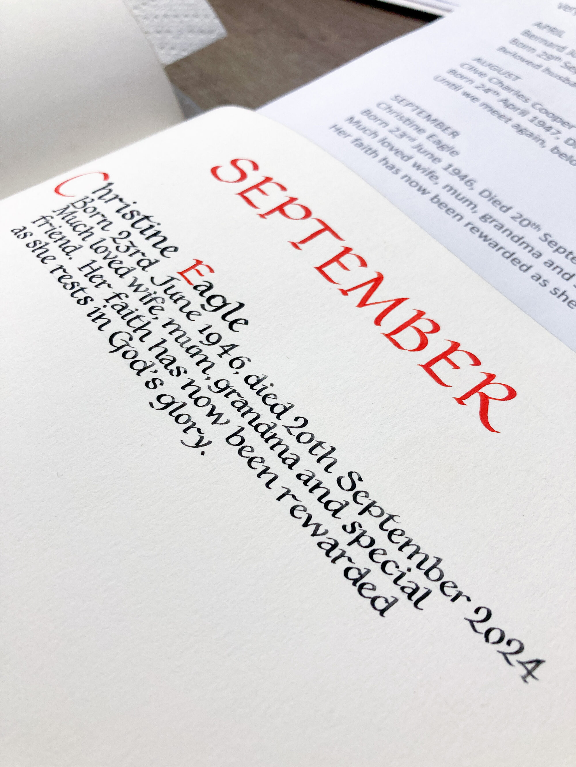 Entry for September in a church book of remembrance