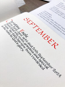 Entry for September in a church book of remembrance