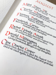 A full page of entries by different calligraphers in a church book of remembrance. The final entry is by Claire Gould at By Moon and Tide Calligraphy based in Cumbria