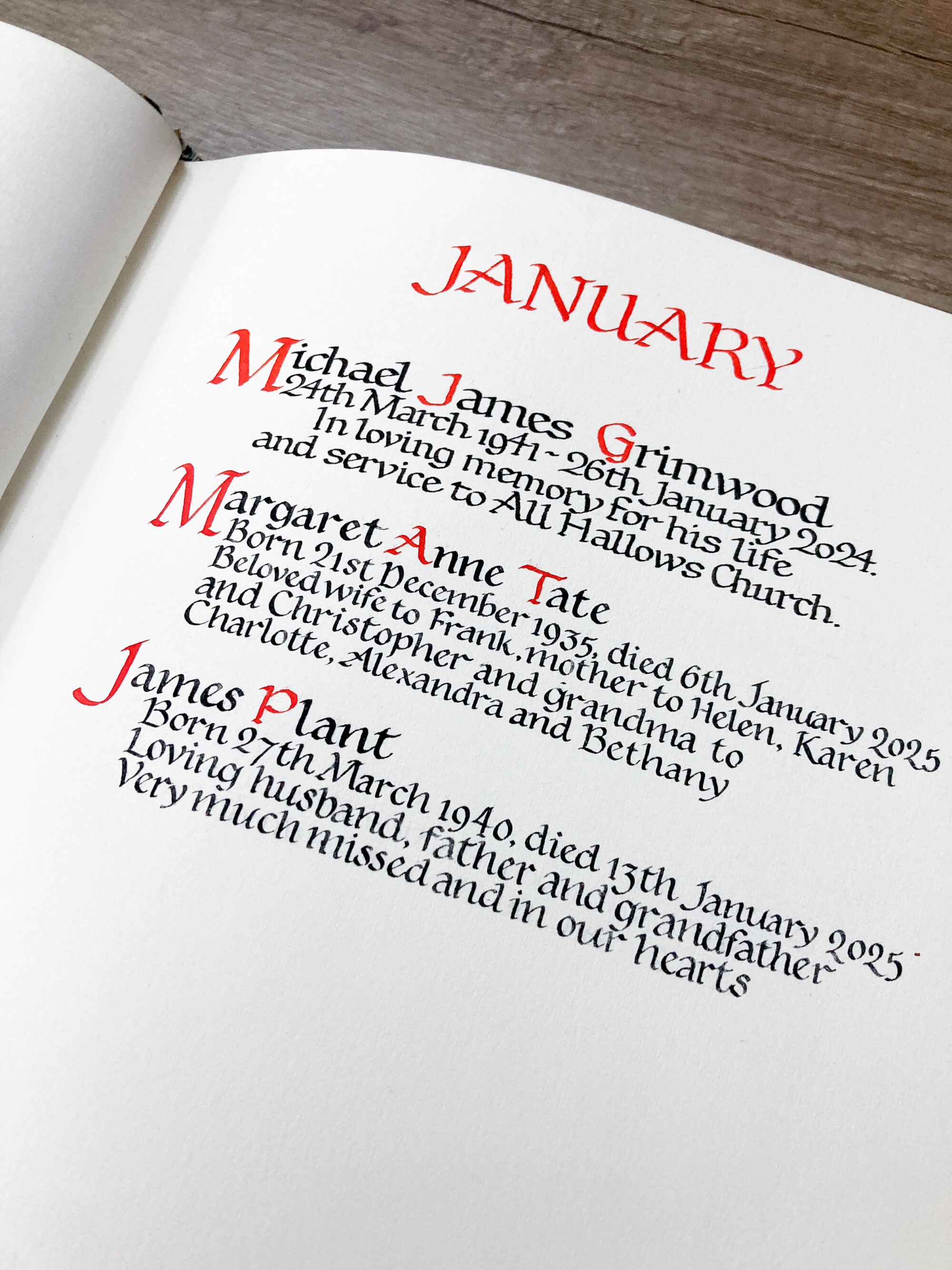 January page in a church book of remembrance, updated by different calligraphers in a traditional style