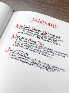 January page in a church book of remembrance, updated by different calligraphers in a traditional style