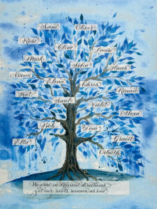 Detail of blue family tree artwork by UK calligrapher