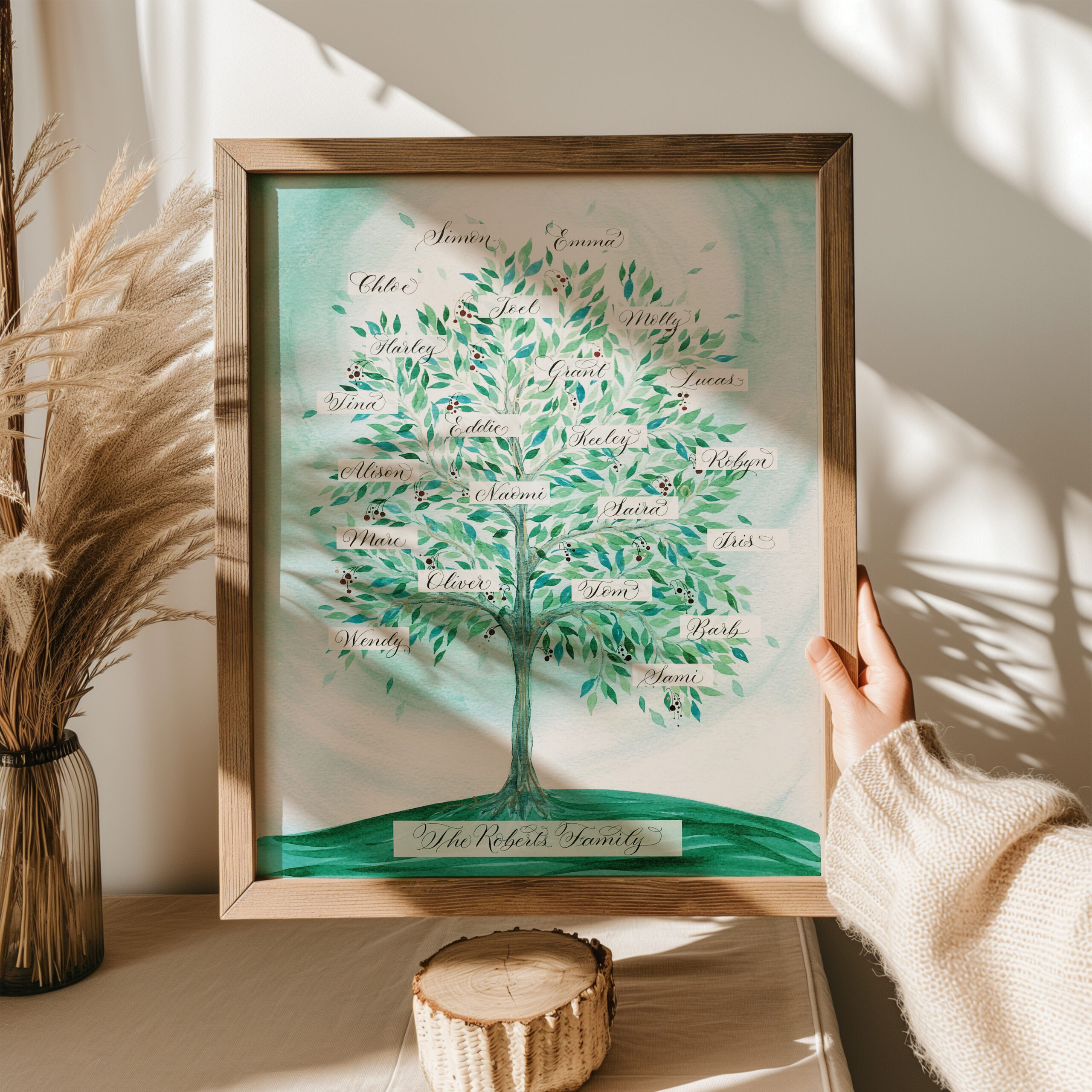 family tree in winter green with red berries